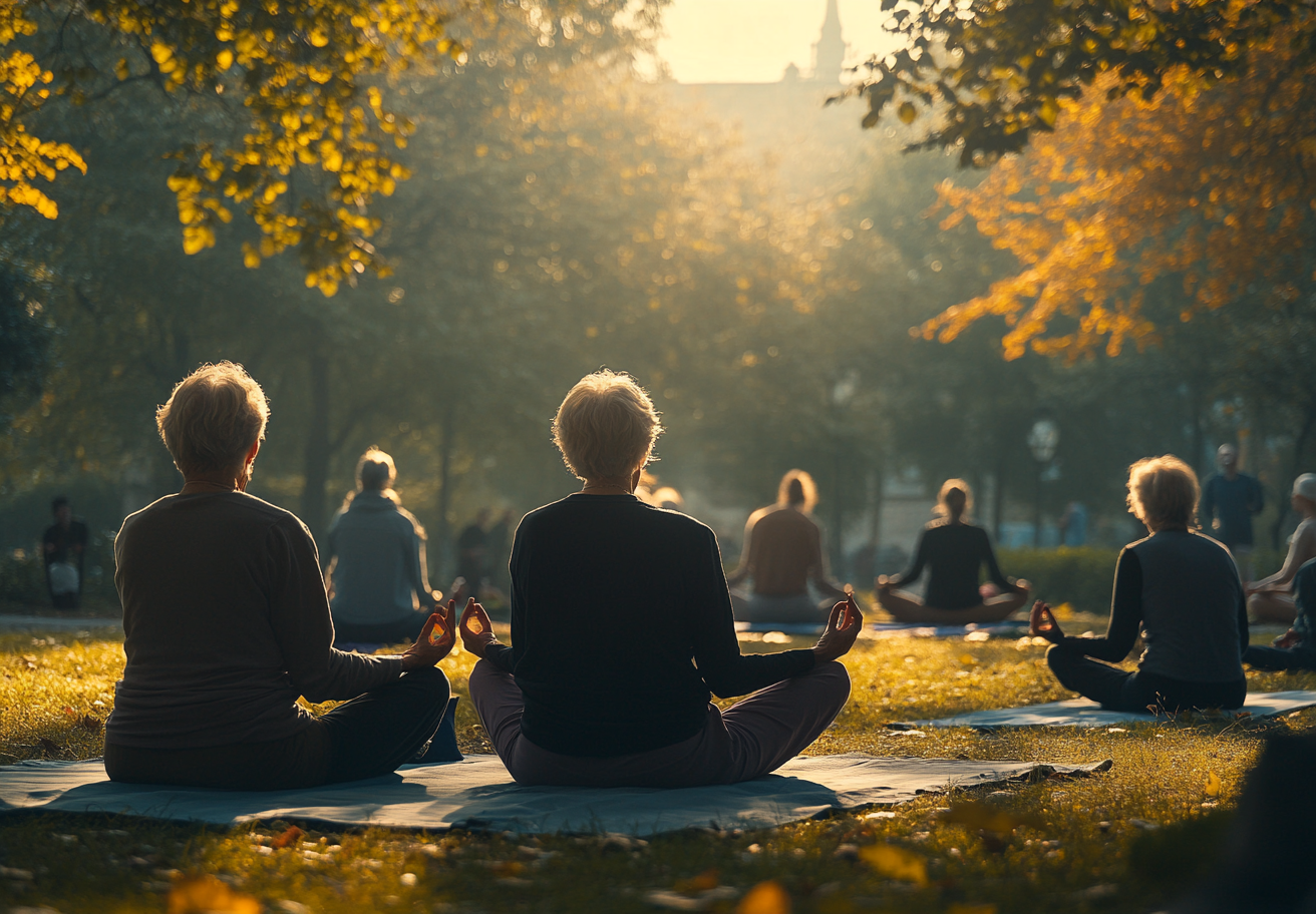Група хора практикуват йога в парк